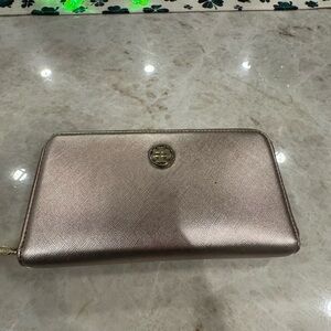 Tory Burch Metallic Rose Gold Zip-Around Wallet